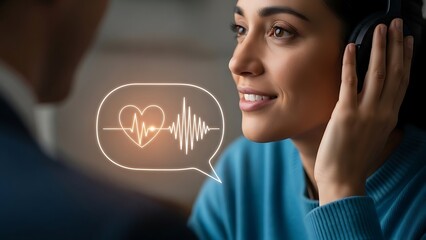 Woman wearing headphones listening while a waveform heart graphic appears in a speech bubble