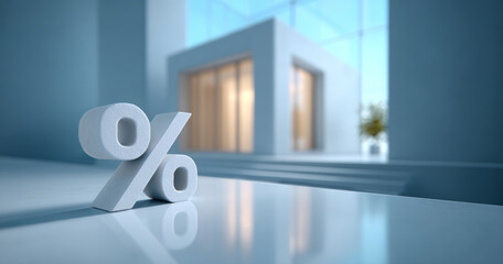 White percentage symbol standing on reflective surface in modern minimalistic interior with soft natural light and blurred background
