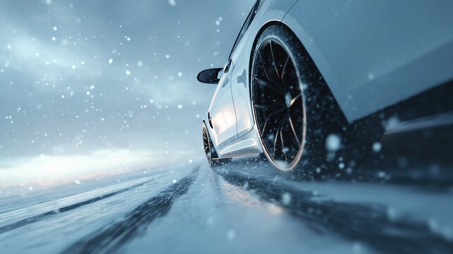 Dynamic low angle shot of a premium white car driving on a wet, icy road during snowfall, showcasing winter performance and resilience.