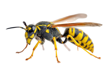 Detailed macro photograph of a yellow and black wasp isolated on transparent background. Detailed macro shot of a european yellowjacket wasp isolated on white background.