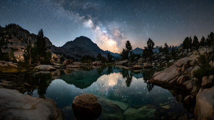 Ultra HD Milky way galaxy reflecting in a serene mountain lake at night with starry sky and rugged peaks image