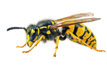 Detailed macro photograph of a yellow jacket wasp isolated on transparent background. Detailed macro shot of a yellow jacket wasp insect isolated on white background.