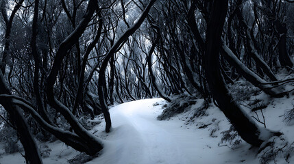 Ultra HD Mysterious snowy path winding through a dark, gnarled winter forest, creating an eerie and tranquil natural landscape image