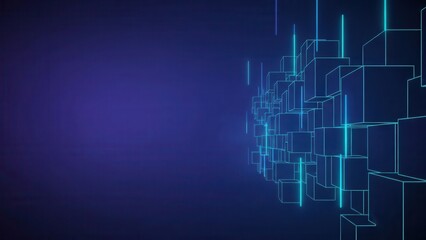 Futuristic neon blue 3D cubes on dark background with glowing lines