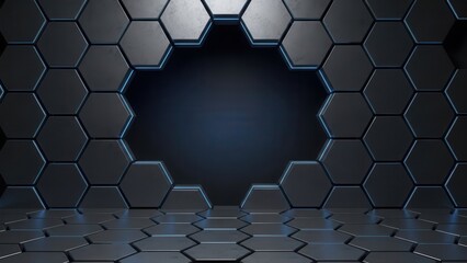 Dark futuristic room with glowing blue hexagonal pattern