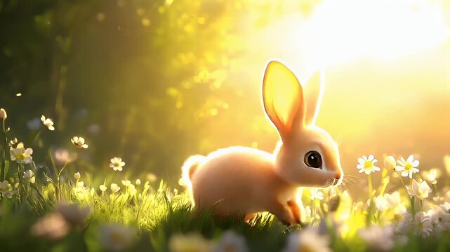 Easter. Spring. Holiday theme. A vivid, sunlit meadow with a curious rabbit in the foreground. The rabbit is rendered in a soft, realistic style, with a light brown fur coat and large.