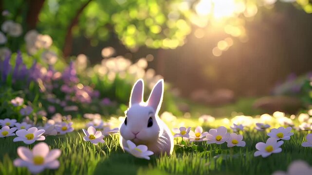 Easter. Spring. Holiday theme. A vivid, sunlit scene featuring a white rabbit amidst a lush meadow. The rabbit is positioned centrally in the frame, with its ears perked up.