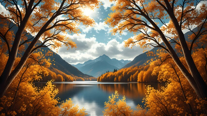 A serene lake surrounded by vibrant autumn trees and majestic mountains