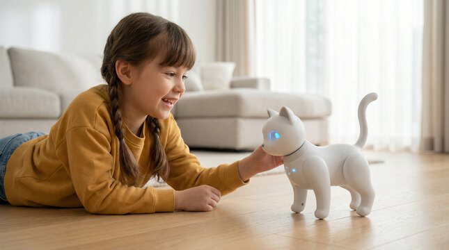 Girl smiling while playing with robotic toy cat at home  