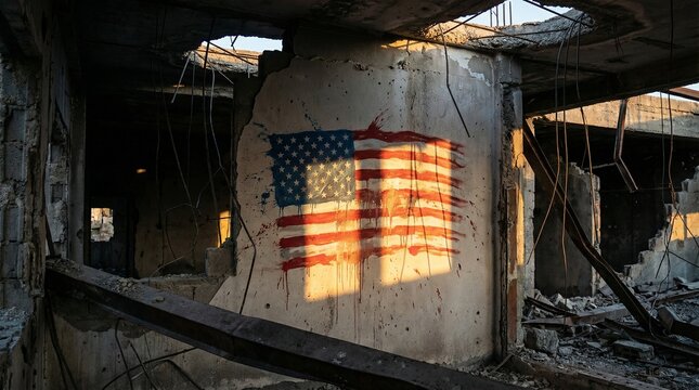 War. Flag painted on the wall of a ruined building  