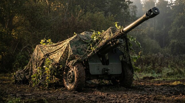 Camouflaged artillery gun covered with netting in the forest  