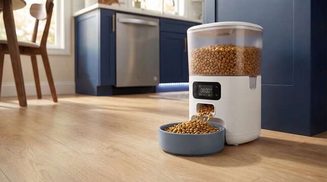 Automatic pet feeder dispensing food into bowl in modern kitchen  