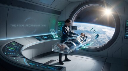 Futuristic medical bay on space station with doctor treating patient in zero gravity.