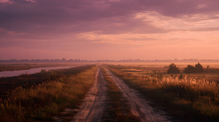 Ultra HD Misty rural dirt road at sunrise or sunset with dramatic pink and orange sky over fields and water, tranquil landscape image