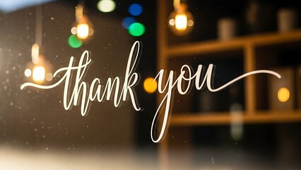 Elegant 'Thank You' script lettering on a blurred background of warm, glowing lights, conveying gratitude and appreciation