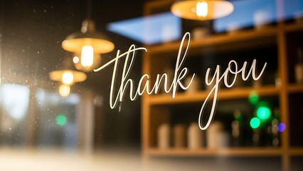 Warmly lit cafe interior with a heartfelt 'Thank You' message reflected on glass, conveying gratitude and appreciation in a cozy and inviting business atmosphere