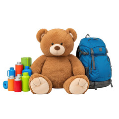 Large teddy bear with backpack and water bottles isolated on transparent background