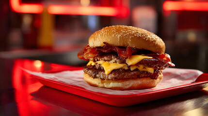Ultra HD Delicious double bacon cheeseburger with melted cheese and crispy bacon, served on a vibrant red tray, ready to be enjoyed image