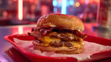 Ultra HD Delicious double cheeseburger with melted cheese and crispy bacon on a red tray, served in a diner with vibrant neon lights in the background image