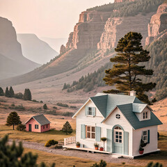 3D isometric illustration of a small house surrounded by plants
