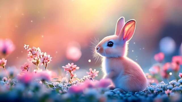 A vivid, digitally rendered illustration of a fluffy rabbit in a field of flowers. The rabbit is depicted in a side profile, with its ears perked up and eyes wide open.