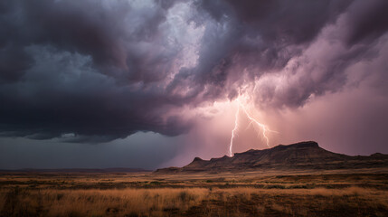 Ultra HD Dramatic lightning strike illuminates a rugged mountain landscape under dark, ominous storm clouds during a powerful thunderstorm image
