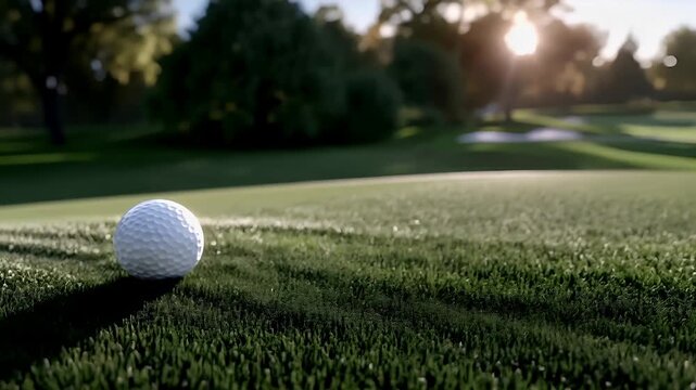 A vivid, sunlit golf course scene with a golf ball on the green and a golf cart in the foreground. The golf ball is white with intricate patterns.