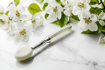 Elegant skincare roller with white cream and cherry blossoms on marble