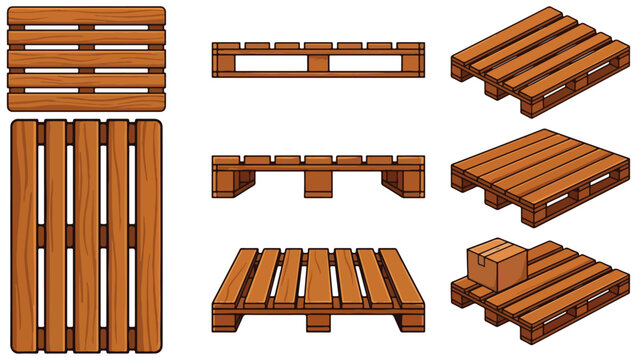 Cartoon Wooden Pallet Illustration Pack, wooden pallets, pallet illustrations, logistics icons, warehouse equipment, transportation pallets, pallet vector set, industrial pallet designs, 