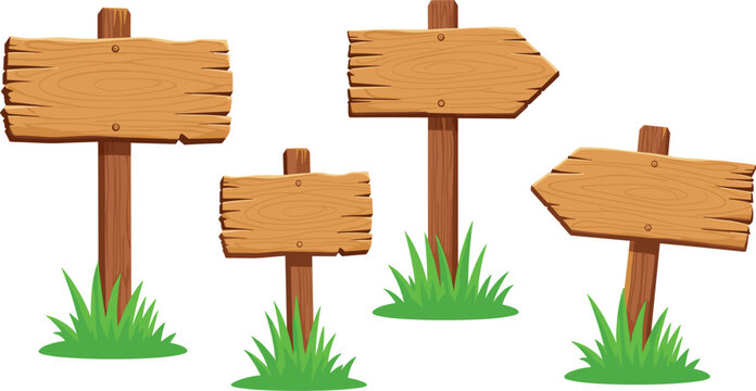 Set of Four Blank Cartoon Wooden Signposts and Directional Arrows with Green Grass Clumps Isolated on White Background for Design