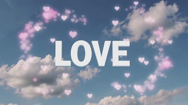The word "love" against a backdrop of floating clouds and rising hearts, a romantic video card with a declaration of love, Valentine's Day