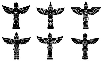 Six Totem Pole Figures with Bird on White Background bird black and white silhouette
