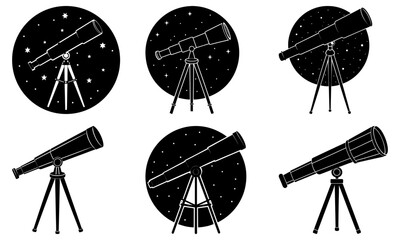 Telescopes on tripods with starry night background on transparent background astronomy