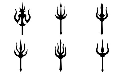 Five Trident Symbols with Flame on White Background silhouette black
