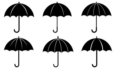 Six black umbrellas with white stripes on a transparent background rain