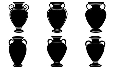 Six black vase silhouettes on white background pottery