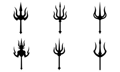 Set of Trident Symbols with Horned Skull on White Background silhouette black