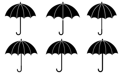Six black umbrellas with white stripes on a white background rain