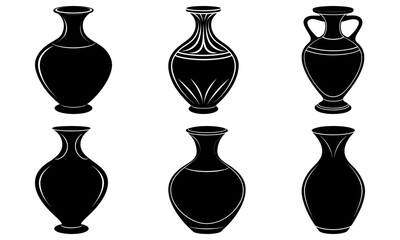 Six Vintage Vases with Different on White Background antique pottery