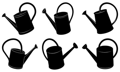 Six Black Watering Cans in Different Orientations on White Background garden tool watering can silhouette