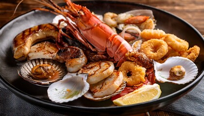 A Grilled Fish Mix Plate With Various Types Of Fish Seafood Scallops And Squid Rings