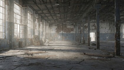 Abandoned Industrial Warehouse with Broken Windows and Cracked Floor