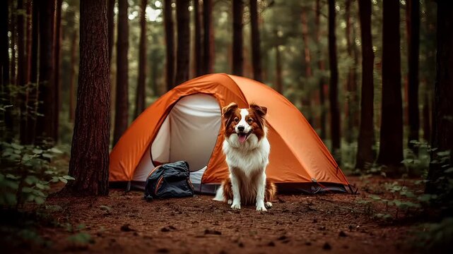 A dog stands in front of a tent in a forest setting. The dog is white with brown patches, and its ears are perked up. The tent is orange.