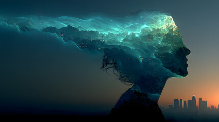 Artificial Intelligence and Data Visualization Concept. Profile silhouette of human head merged with city skyline and glowing data stream