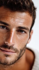 Obraz premium Extreme close up portrait captures the sun kissed skin and thoughtful brown eyes of a handsome young man with light stubble and distinct natural freckles.