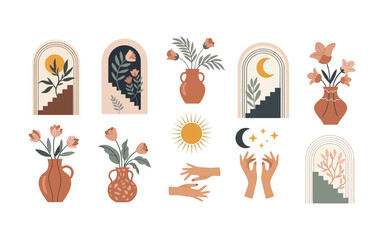 Boho Aesthetic Arches and Floral Vases Vector Illustration