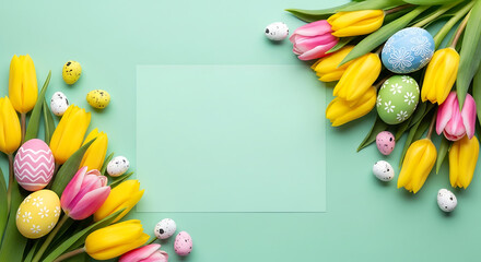 A colorful Easter-themed arrangement of tulips and decorated eggs on a pastel green background with empty space for text