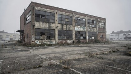 Abandoned Industrial Building in Foggy Urban Setting