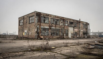 Abandoned industrial warehouse with rust and broken windows in fog