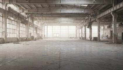 Abandoned industrial warehouse interior with natural light streaming